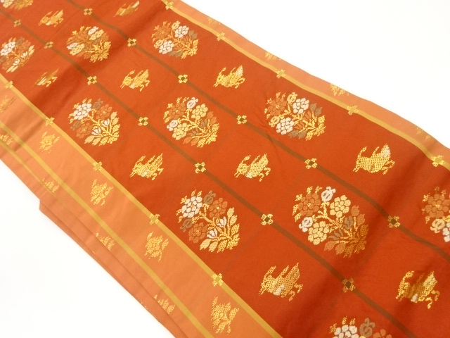 縞に草花・動物模様織出し名古屋帯